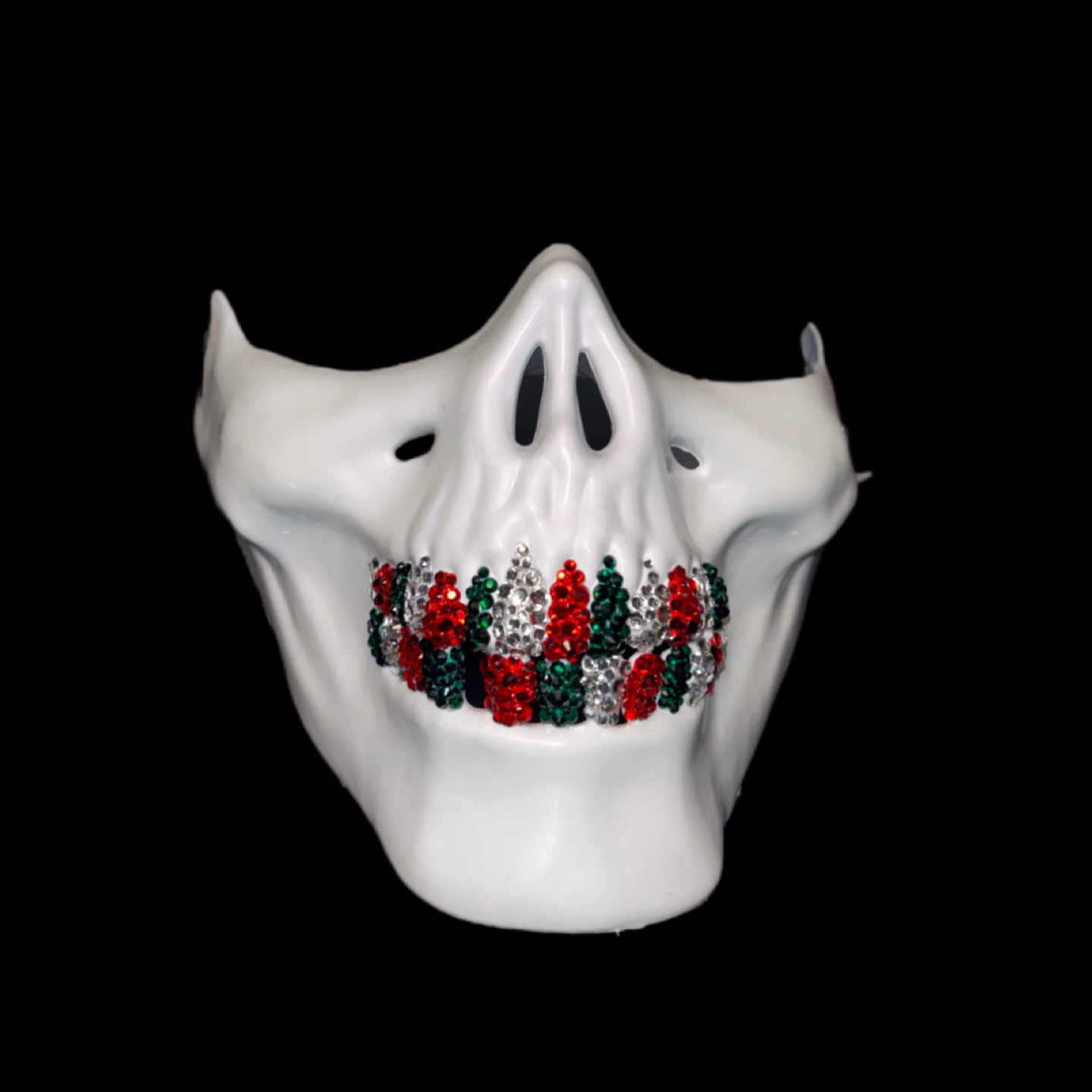 White Half Skull Mask With Emerald Green Red & Crystal Grillz