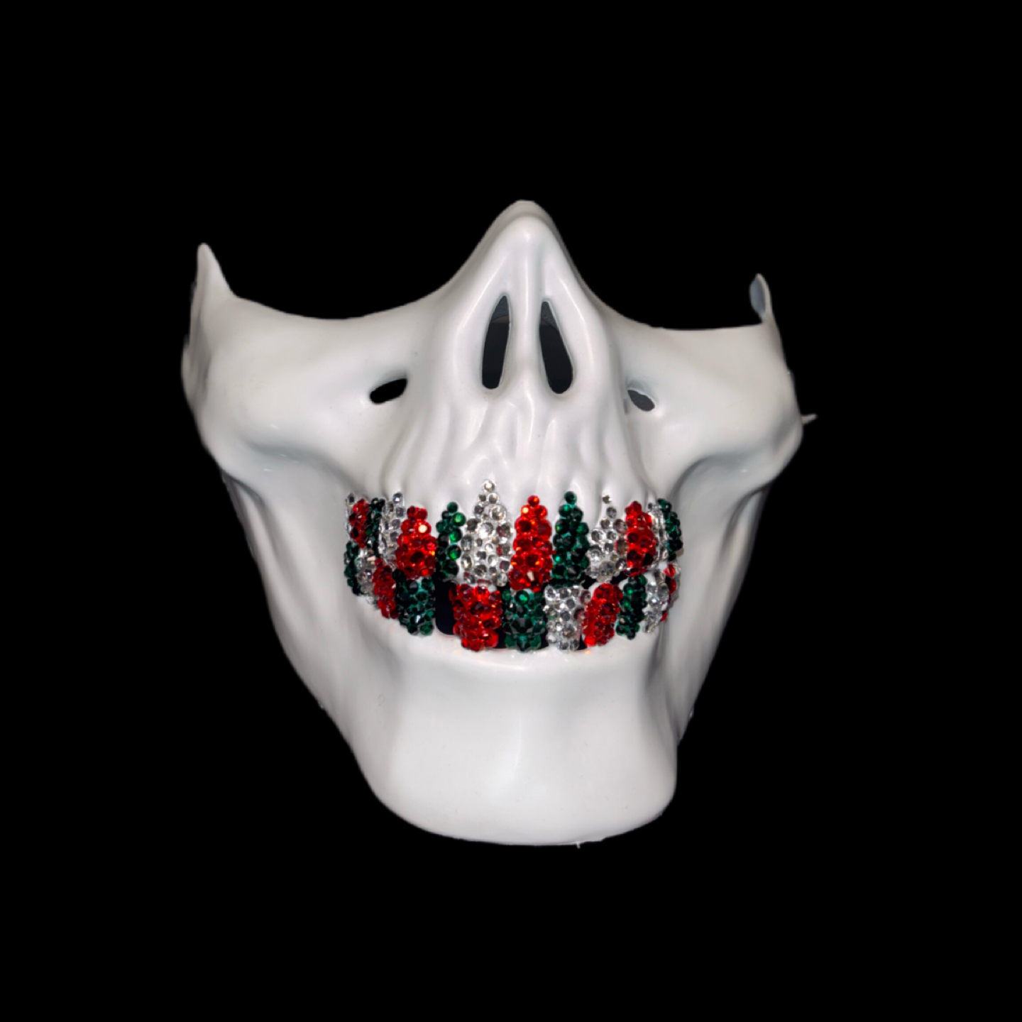 White Half Skull Mask With Emerald Green Red & Crystal Grillz