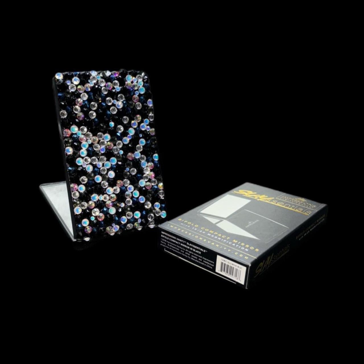 Black Luminous Crystal AB Iridescent Luxe Crystals & Pearls Bling Compact Mirror