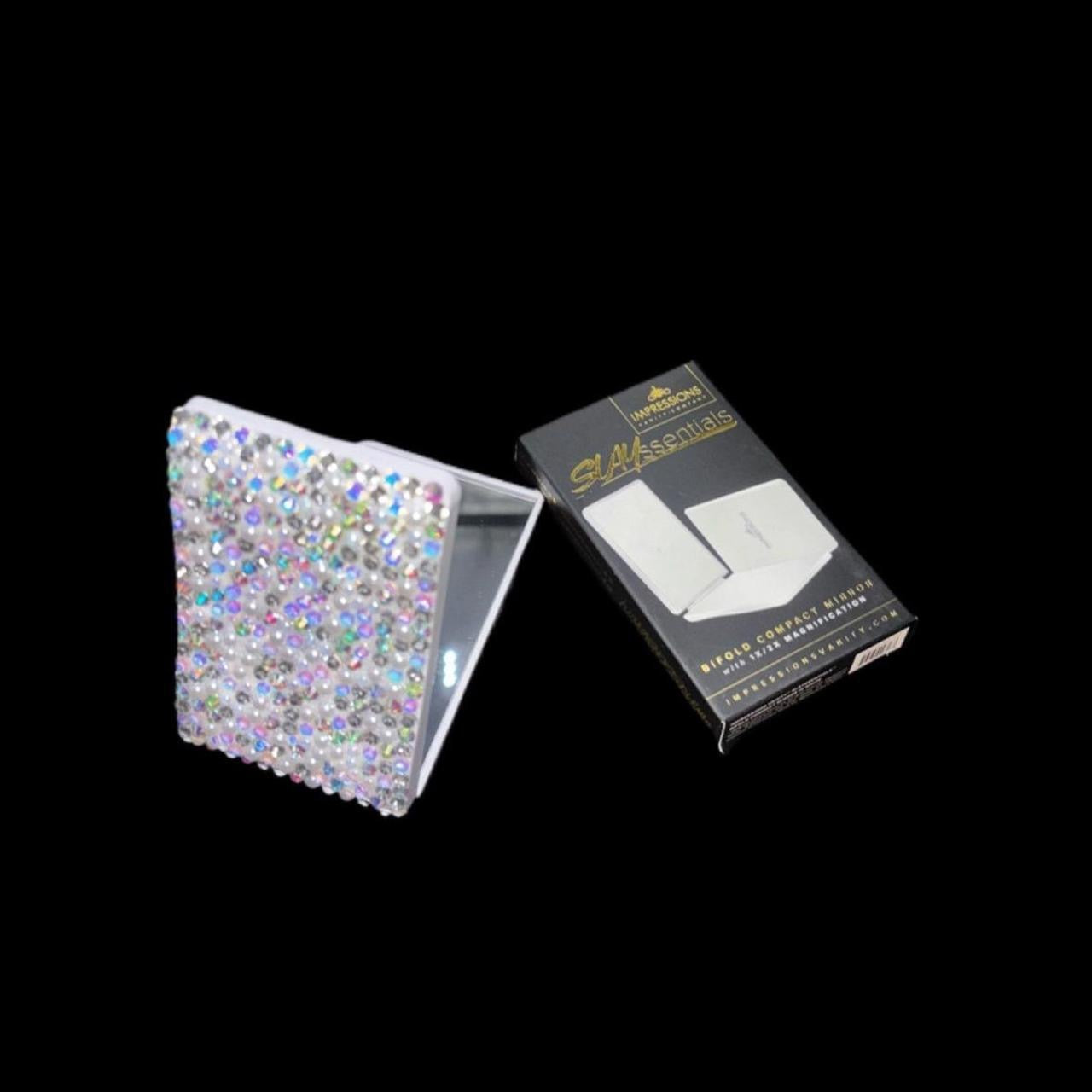 White Luminous Crystal AB Iridescent Luxe Crystals & Pearls Bling Compact Mirror