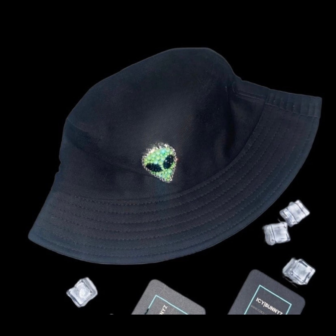 Luminous Green Rhinestones Alien Black Bucket Hat