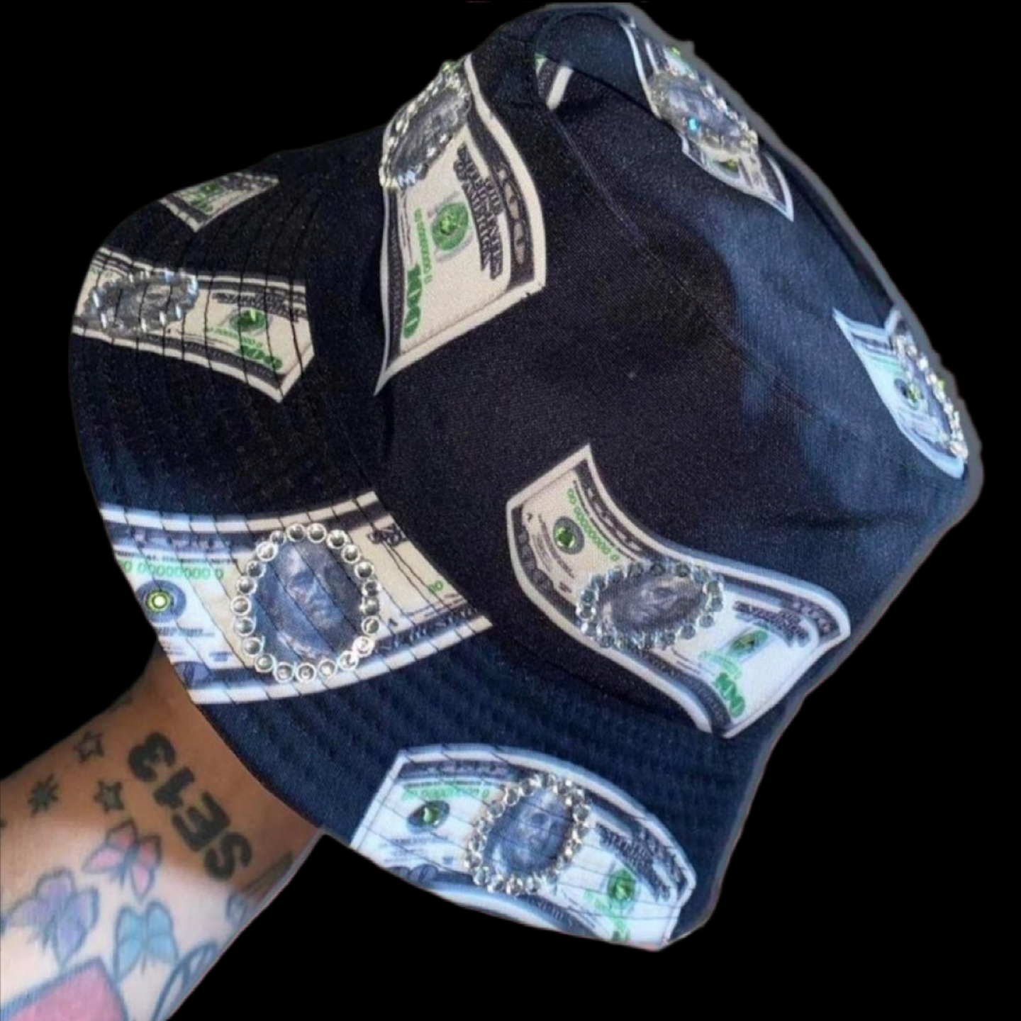 Luxe Crystal Money Print Black Bucket Hat