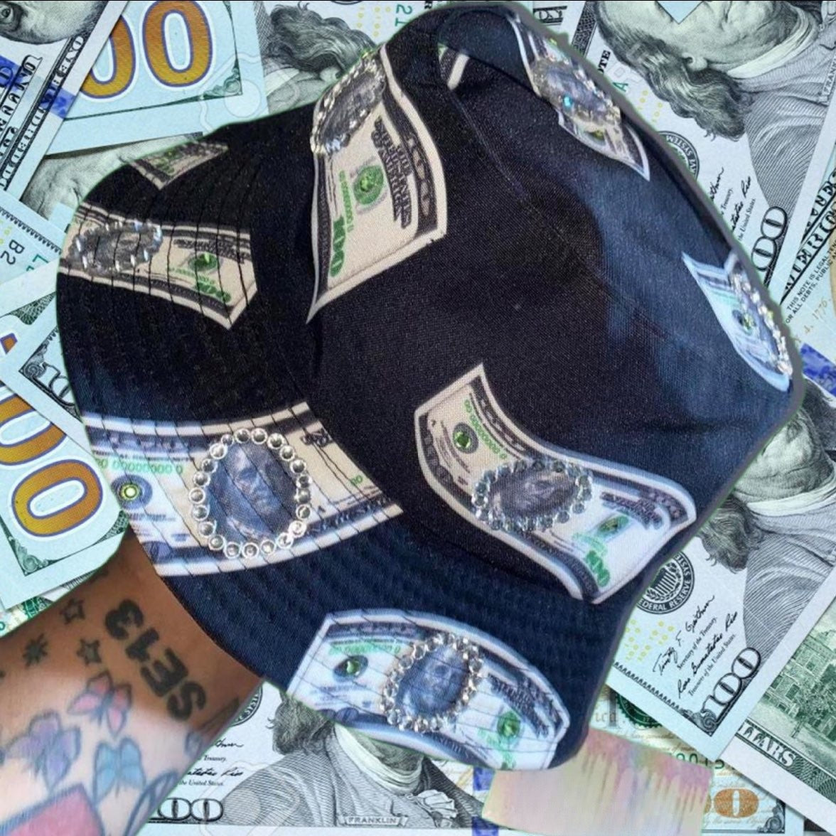 Luxe Crystal Money Print Black Bucket Hat